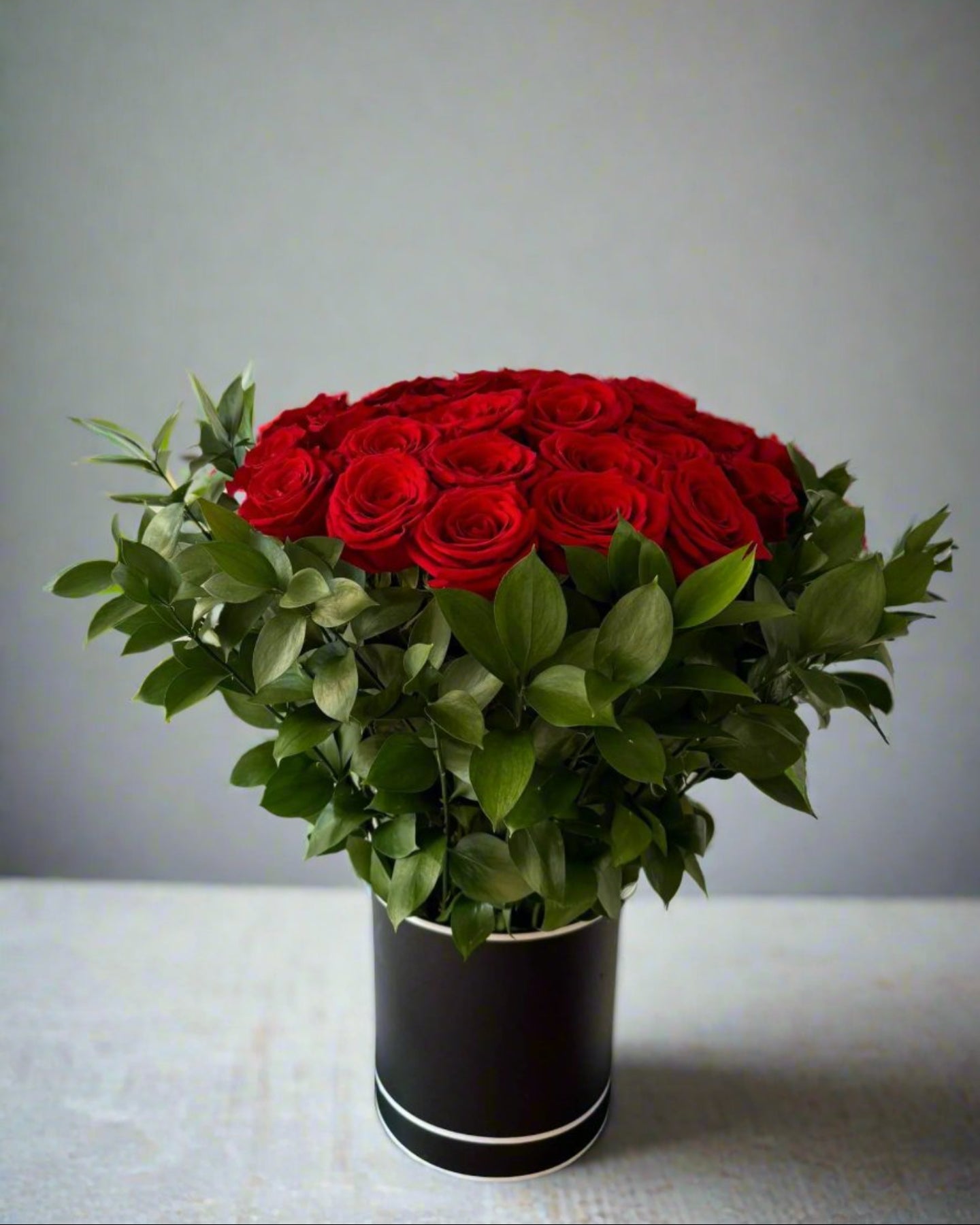 Red Roses with Greens in a Box